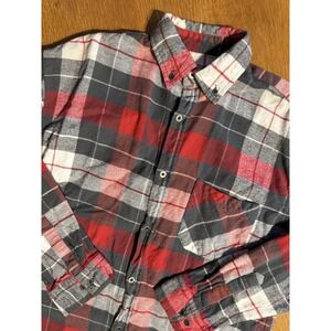 KEY Heavyweight Flannel Shirt L Red Gray Plaid‎ Button Down Cotton Workwear